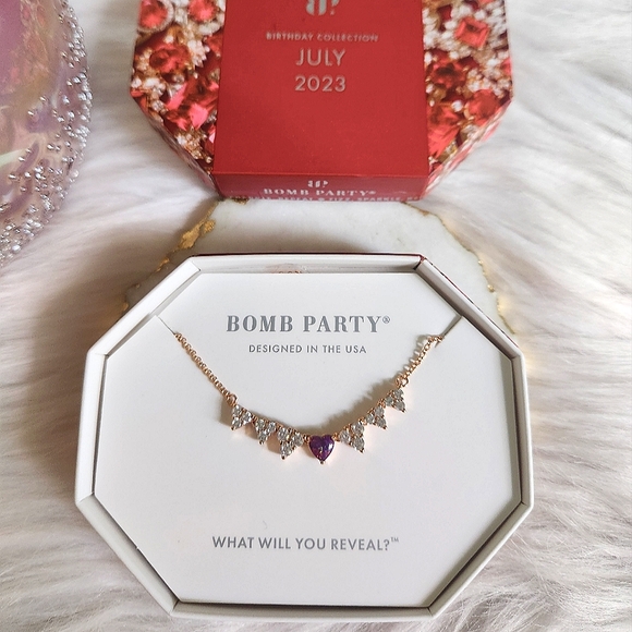 NWT Bomb Party July Birthday 6236 Ruby Fire Opal Rose Gold-Plated Heart Necklace - Picture 5 of 6